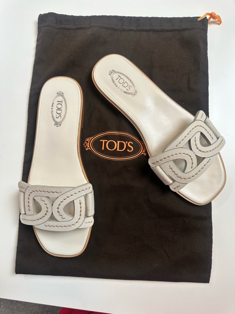 TOD'S Cream Leather Slide Sandals with Cutout Strap